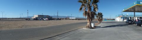 2003 Ford Crown Victoria - Panorama of a flat desert lot with a tall palm, distant parked cars and a Valero station on the right edge