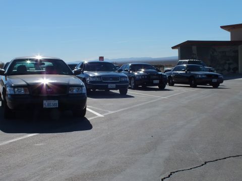 2003 Ford Crown Victoria - Lineup of dark Ford Crown Victoria sedans angled across a paved desert lot under clear sky
