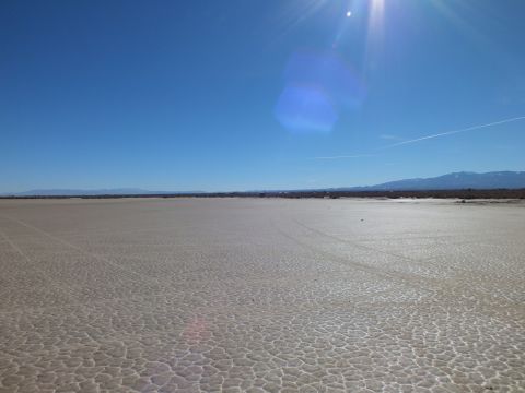 2003 Ford Crown Victoria - Sun-flared view across a cracked white desert flat with tire tracks running toward distant mountains.