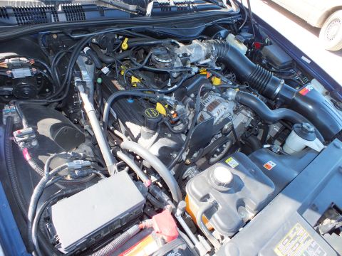 2003 Ford Crown Victoria - Tight underhood view of a dark blue Crown Victoria V8 with hoses, intake and coolant reservoir.