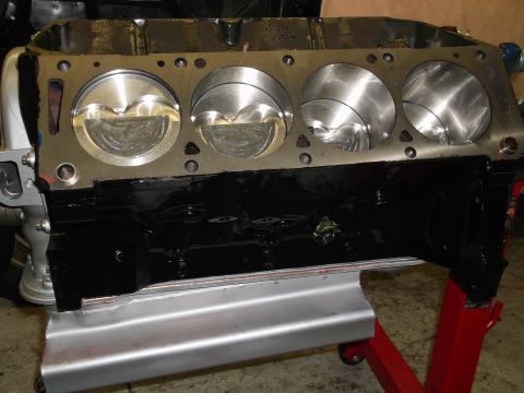 1965 Shelby Cobra - Close-up of an engine block showing four polished pistons inside their cylinders.