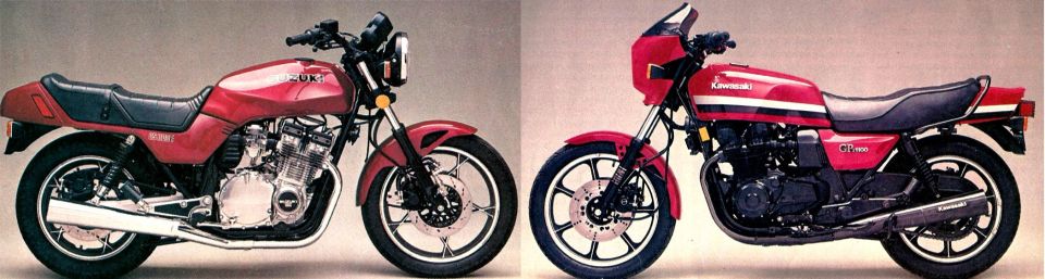 side view of a red Suzuki motorcycle and a red Kawasaki motorcycle