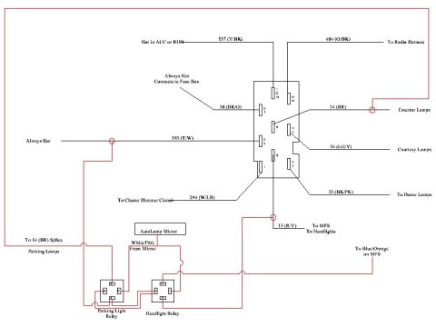 1994 Ford Bronco - Wiring diagram showing headlight and parking-lamp relays, a multi-pin connector and color-coded circuits feeding courtesy, dome and exterio…