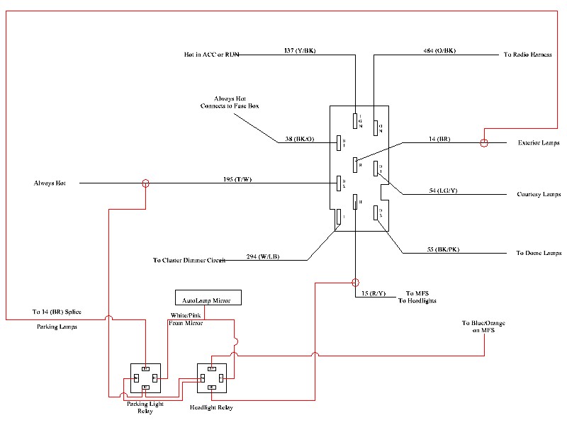 Headlight and parking-lamp wiring diagram with relays and color-coded wires