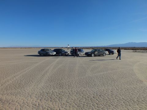 2003 Ford Crown Victoria - Several sedans lined up on cracked playa while people gather and walk between the cars.