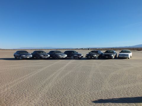 2003 Ford Crown Victoria - Seven full-size sedans arranged in a row on cracked playa with tire tracks in foreground.