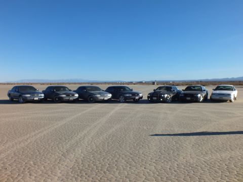 2003 Ford Crown Victoria - Front view of seven sedans lined up on dry playa, low hills along the horizon.