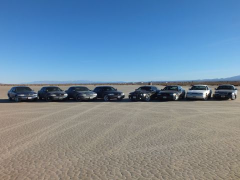2003 Ford Crown Victoria - Front-facing lineup of eight sedans on dry playa, hills and brush on the horizon.
