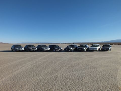 2003 Ford Crown Victoria - Row of eight full-size sedans on cracked playa under a deep blue desert sky.