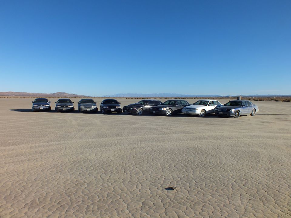 Eight full-size sedans lined up front-facing on cracked desert flats under clear sky