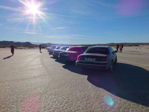 2003 Ford Crown Victoria - Full-size Fords parked in a line on cracked playa, bright sun and lens flare across the frame.