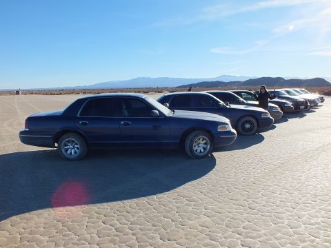 2003 Ford Crown Victoria - Navy Panther sedan at front of a parked line on cracked flat, person standing midway down the row.