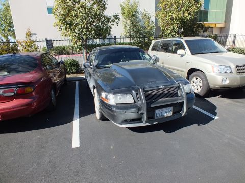 2003 Ford Crown Victoria - Front of a dark Panther sedan fitted with a grille guard; plate reads EVIL VIC, SUV at right.