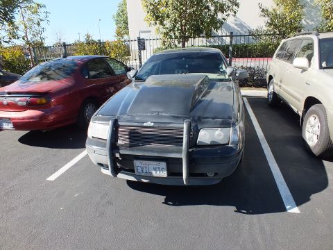 2003 Ford Crown Victoria - Dark Panther sedan with push bar and hood scoop in a parking lot; California plate EVIL VIC.
