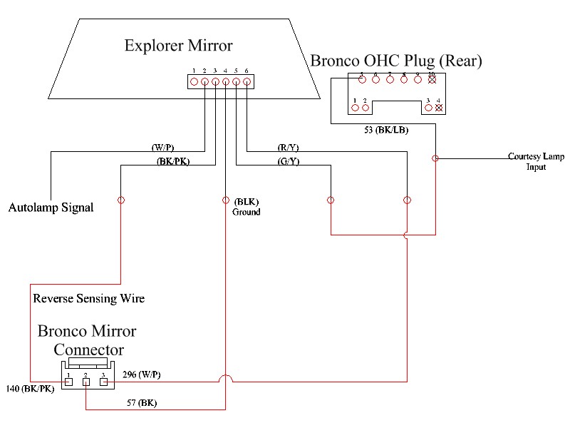 Mirror wiring diagram adapting Explorer mirror to Bronco connector
