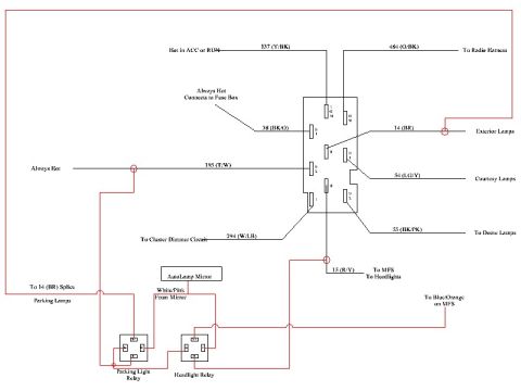 1994 Ford Bronco - Wiring diagram showing headlight and parking-lamp relays, a multi-pin connector and color-coded circuits feeding courtesy, dome and exterio…