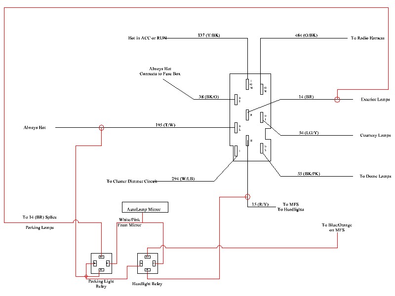 Headlight and parking-lamp wiring diagram with relays and color-coded wires