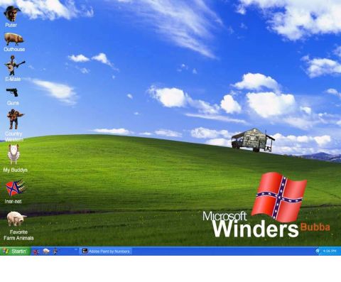 1991 Ford Bronco - Desktop wallpaper icons, a cabin, and a Confederate flag on a grassy hill.