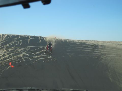 1989 Ford Bronco - An ATV rider navigates a sandy hill, leaving a trail of dust against a clear blue sky.