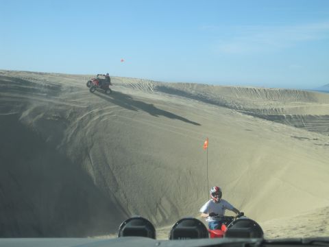 1989 Ford Bronco - ATVs navigate sandy terrain on a bright, clear day.