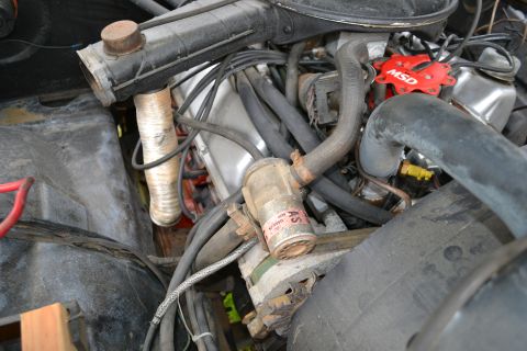 1978 Ford Bronco - Close-up view of engine components, including hoses and a red MSD distributor cap.