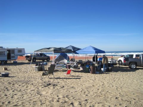 1989 Ford Bronco - Multiple vehicles and camping gear are set up on the sand near the ocean under a clear blue sky.