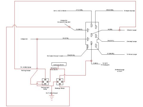 1994 Ford Bronco - Wiring diagram showing headlight and parking-lamp relays with a multi-pin connector and color-coded leads to exterior, courtesy and dome la…