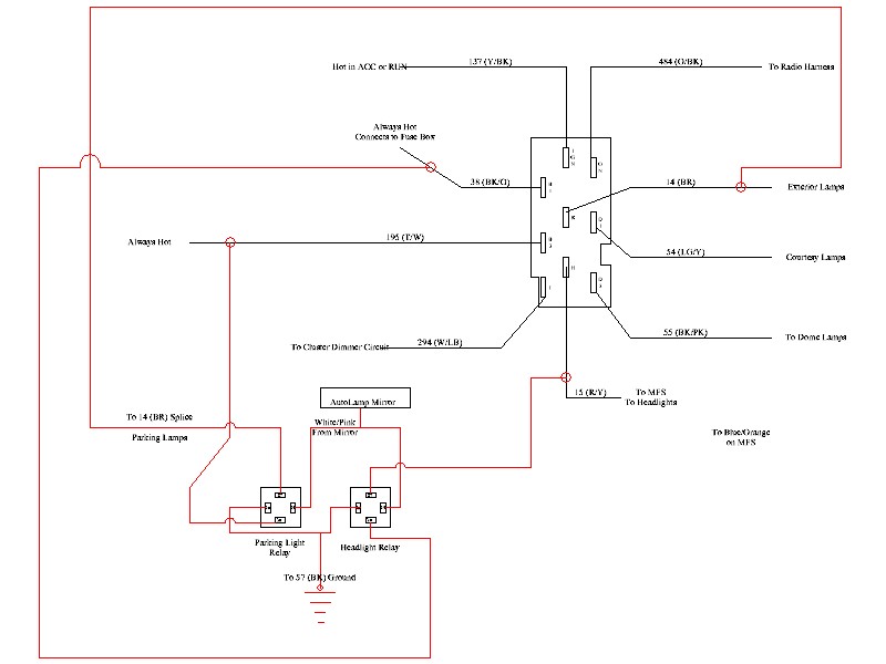 Headlight and lamp wiring diagram with relays and color-coded circuits