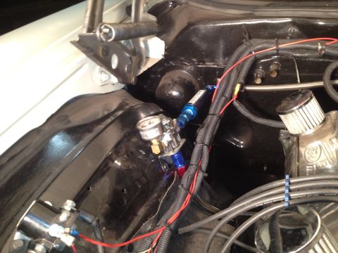 1972 Ford Ranchero - Engine bay shows a fuel pressure regulator with a gauge and a fuel filter.