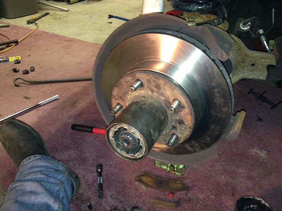 Vehicle brake rotor and hub assembly with lug nuts and tools scattered around. A person's leg in jeans and a boot is visible