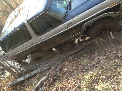 1979 Ford Bronco - This Ford Bronco is stuck deep in the mud on a wooded trail.