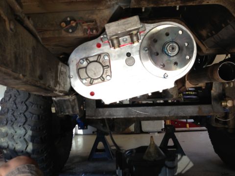 1971 Ford Bronco - The vehicle's transfer case has been modified with new components, as seen from underneath.