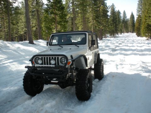 1971 Ford Bronco - A white Jeep Wrangler navigates a snow-covered path through a pine forest.