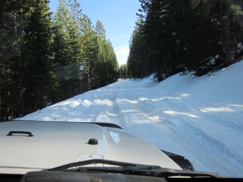 1971 Ford Bronco - Driving on a snowy forest road from the perspective of the vehicle's interior.