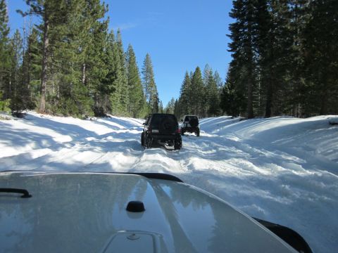 1971 Ford Bronco - Several SUVs navigate a snowy forest road under a clear blue sky.