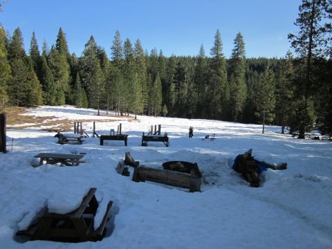 1971 Ford Bronco - A winter scene in a forest clearing shows picnic tables and fire pits covered in snow.