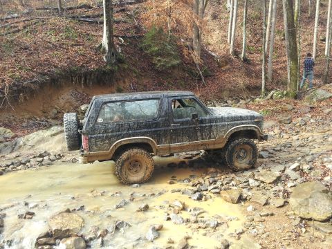 1986 Ford Bronco - A muddy black Ford Bronco navigates a challenging off-road trail in a wooded area.