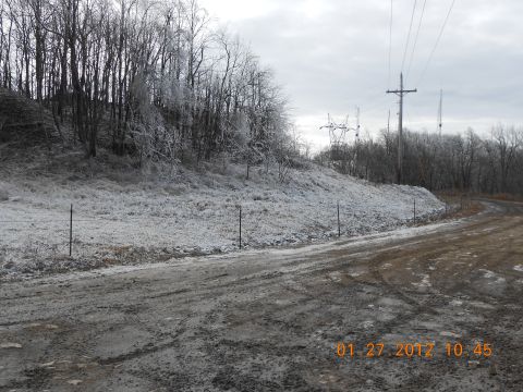 1986 Ford Bronco - A winter scene shows trees covered in ice next to a muddy, unpaved road under a cloudy sky.