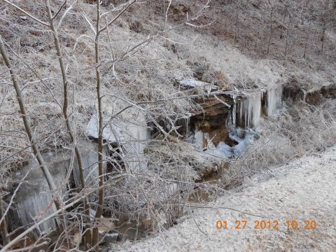 1986 Ford Bronco - Frozen landscape with icicles and ice-covered branches, dated January 27, 2012.