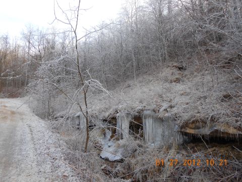 1986 Ford Bronco - A winter scene shows trees and vegetation covered in ice, with icicles forming near a rocky outcrop.