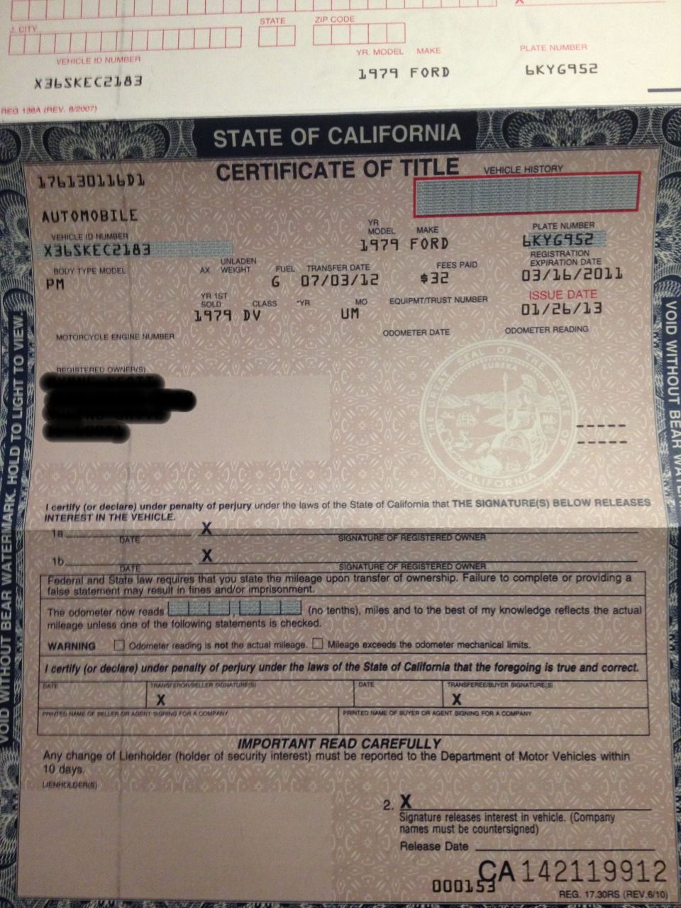 California Certificate of Title for a 1979 Ford