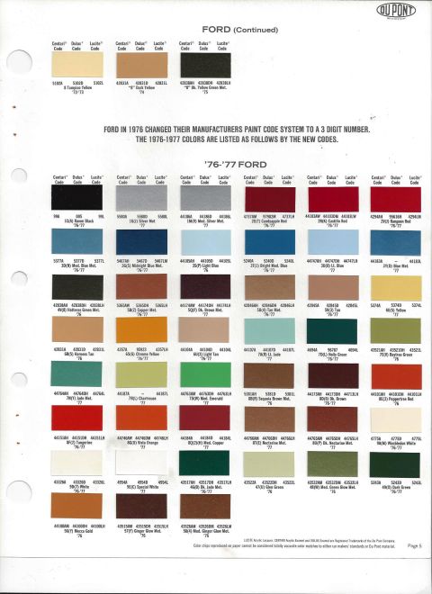 1979 Ford Bronco - This document displays various paint color swatches and codes for Ford vehicles from the 1976-1977 model years.