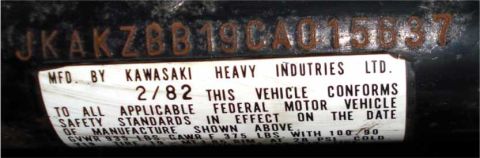 2008 Ford Crown Victoria - VIN plate from a Kawasaki vehicle manufactured in February 1982, indicating compliance with federal motor vehicle safety standards.