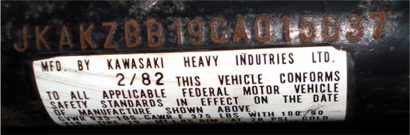 Kawasaki Heavy Industries 2/82 compliance label below stamped VIN JKAKZBB19CA015637