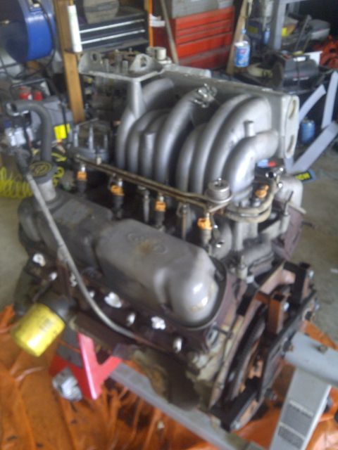 1995 Ford Bronco - Engine assembly with intake manifold and fuel injectors, likely undergoing a swap or rebuild.