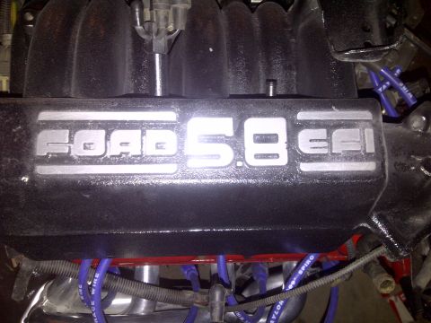1995 Ford Bronco - The intake manifold is labeled 'FORD 5.8 EFI' and shows spark plug wires and other engine components.