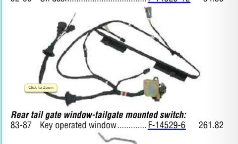 1994 Ford Bronco - Rear tailgate window wiring harness for key-operated power window, Ford part number F-14529-6, fits 1983-1987 models.