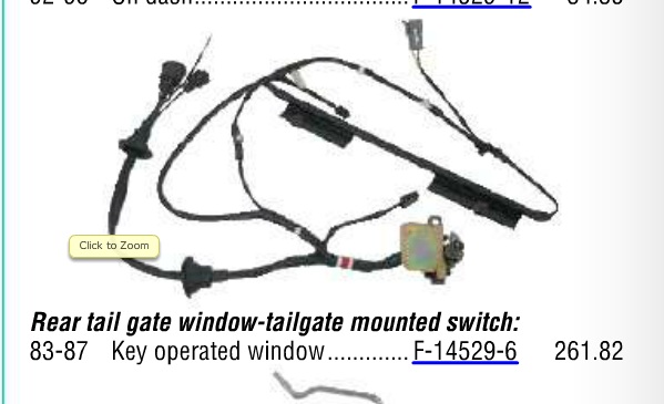 Bronco tailgate window wiring harness with key-operated switch, part F-14529-6