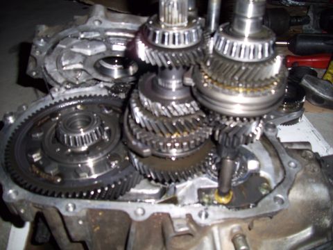 1995 Ford Probe - Internal view of transmission gears and components, likely undergoing repair or inspection.
