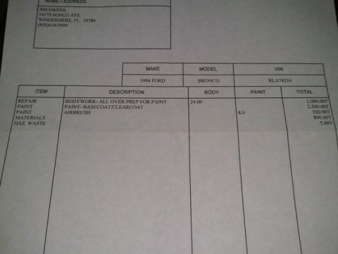 1994 Ford Bronco - Auto body repair estimate/invoice for a 1994 Ford Bronco with itemized bodywork, paint, and materials charges.